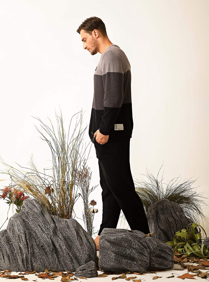 DAVID ARCHY Mens Pajamas Set Ultra-Soft Fleece Pajamas Lightweight & Breathable Sleepwear Long Sleeve Lounge Set with Pockets (L, Black - Gradient Color) - Image 4